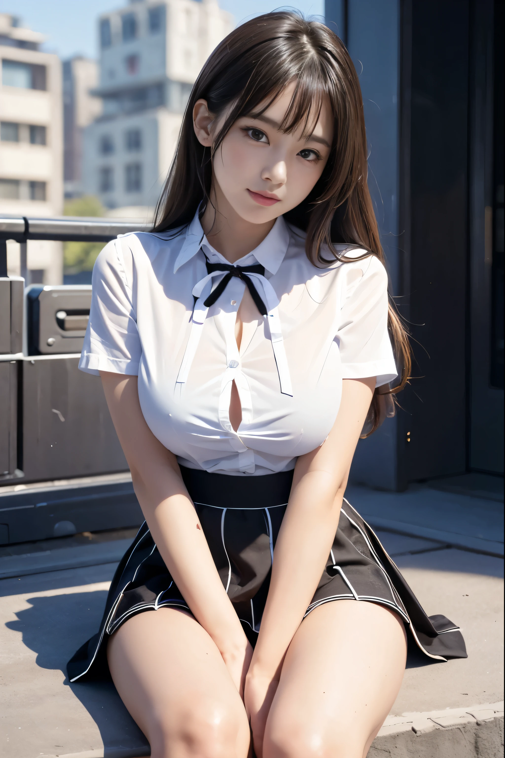 ultra highres,(reality: 1.4),highest quality, masterpiece, high detail, 16K quality, beautiful, 1 beautiful girl,japanese,super beautiful face,baby face,japanese idol face,cute face,super detailed face,detailed hand,beautiful skin,oily skin,big eyes,profeccional lighting,long hair,black hair,brown beautiful eyes,big smile, (sitting with knee up),arms behind back,white panty,panty shot,(skirt lift),big breasts,white shirt,open button,cleavage,(checked skirt),black high socks,she is looking at the camera,Skyscraper rooftop,blue sky, nsfw,from front,