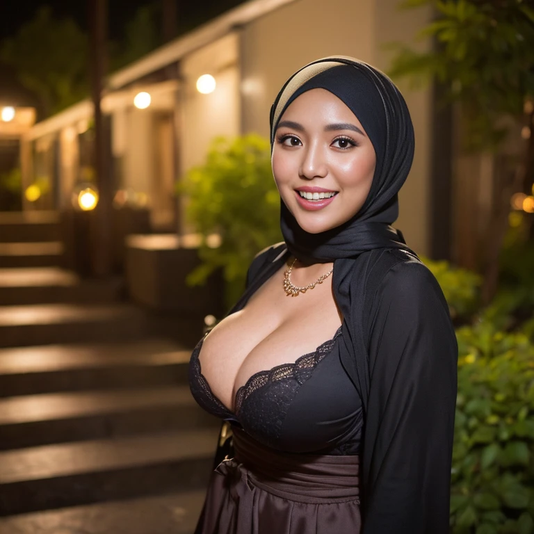 30 Years old, Indonesian MILF, wearing Wide Hijab, perfect curvy body, natural Huge breast : 42.9, gorgeous eyes, naughty smile, Gamis, necklace, hairband, Nightime walk, City garden, Excellent lighting, Dark colors, Clean lines, MP, Canon EOS 250D, 300dpi F2.