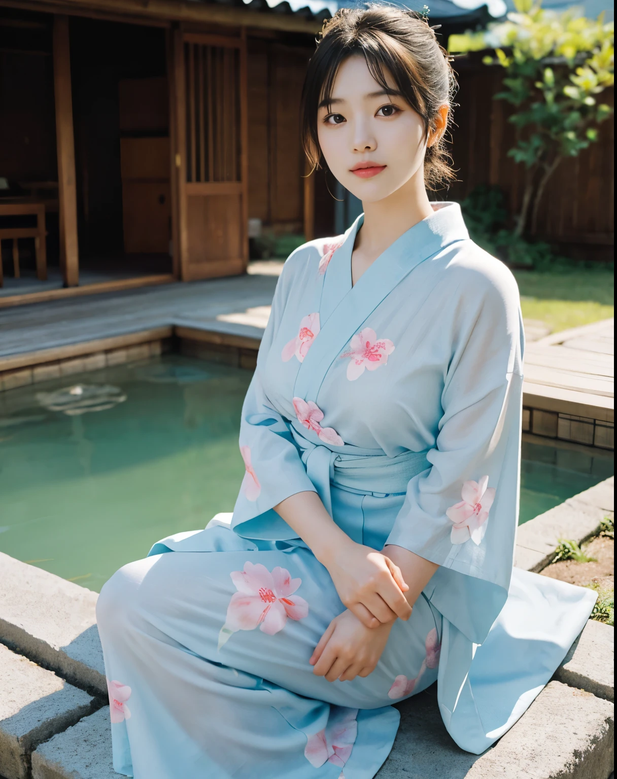 masterpiece, highest quality, Realistic, 1 girl, Open-air hot spring, Yukata figure, I&#39;My yukata got wet and became transparent.., Wear a yukata and enter the hot springs, Back view, Yukata soaked wet, woman wearing yukata, Beautiful long hair, Big Ass, , Realistic美しいlegs, private&#39;Iの胸は大きいです, Sit with your legs wide apart, barefoot, Protruding nipples, Iの全身は泡で覆われていました., A well-trained body, Abdominal muscles, Professional Lighting, Glowing Skin, Full body photo including legs