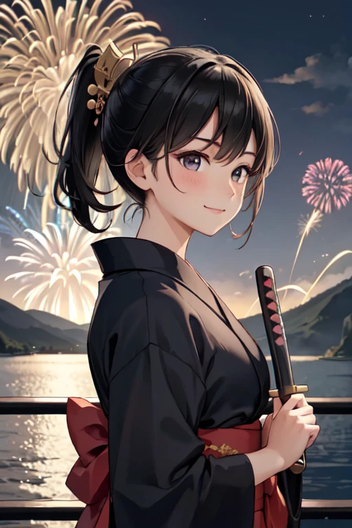 masterpiece, best quality, ultra detailed, highres, extremely detailed CG unity 8k wallpaper, perfect lighting,  very detailed background, beautiful and aesthetic,sharp focus, perfect face, dynamic pose, dynamic angle,
1girl, upper body, (portrait:1.1), medium hair, black hair, multicolored yukata, kanzashi, looking at viewer,  full-face blush, from side, from below, smile,
night, dark sky, misty lake, mountainous horizon, break,aerial fireworks,  (Full of sky fireworks:1.1),
break, (Holding a wakizashi in her hand:1.2)