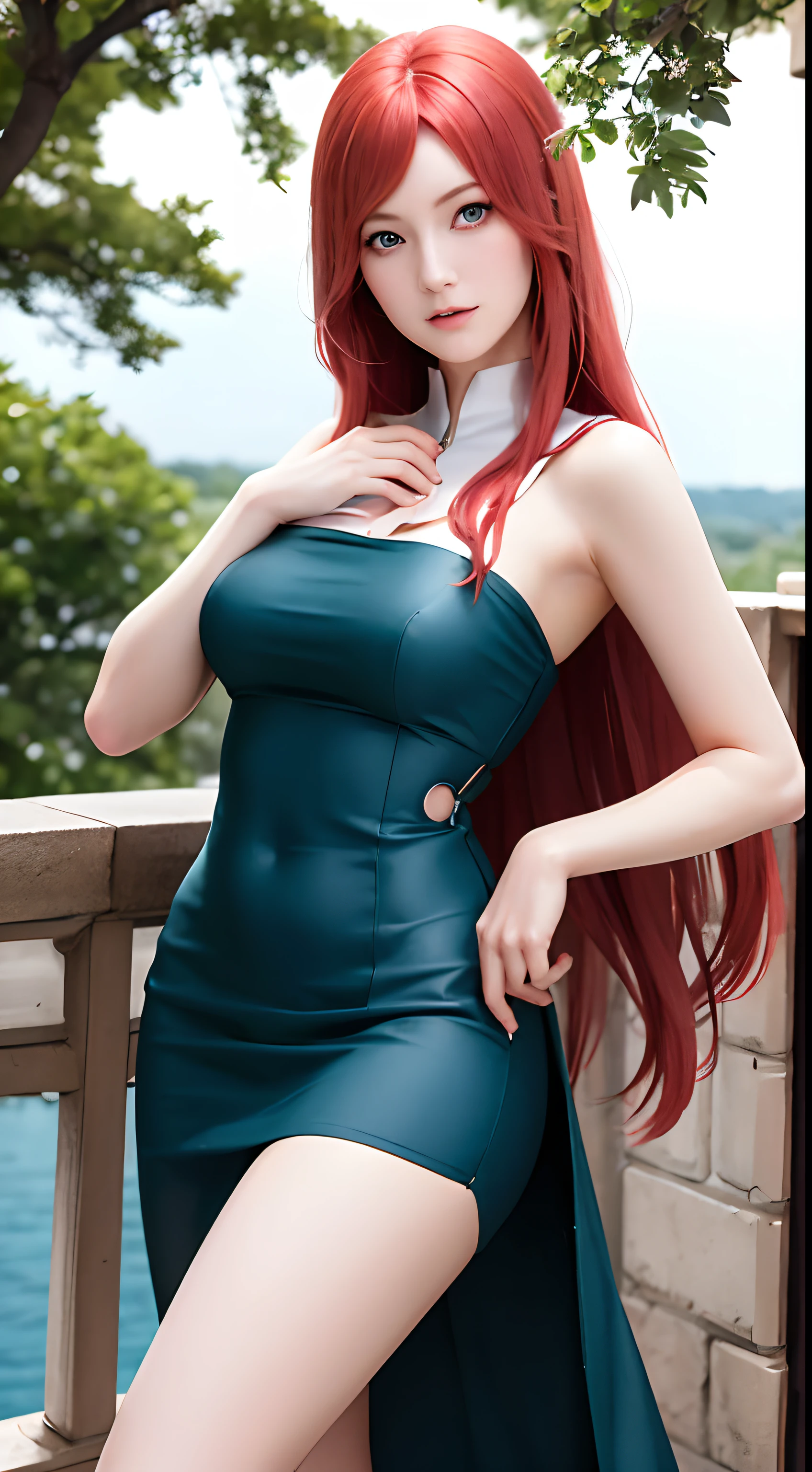 uzumaki_kushina, large_breasts, standing, solo, miniskirt,, masterpiece, best quality, detailed face, detailed eyes, highres,red long hair, blue eyes,formal dress