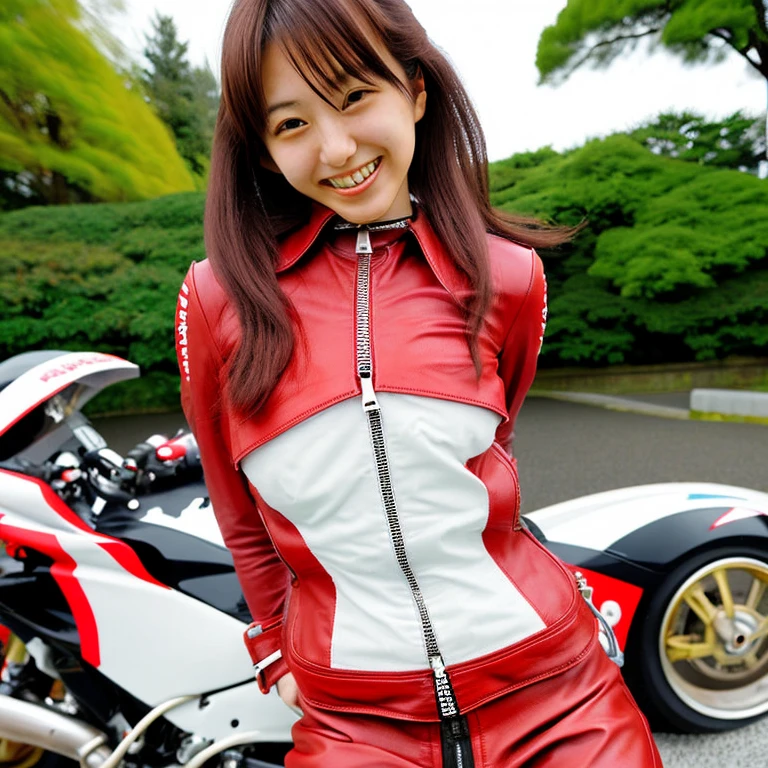 A young Japanese woman with long hair、He was wearing a red leather riding suit zipped up to his chest.。Smiling and cheerful, Fujiko Style and Pose。A replica Japanese road racer bike can be seen in the background.。This scene is in photorealistic style.、Expressing color detail and vibrancy。Full body image