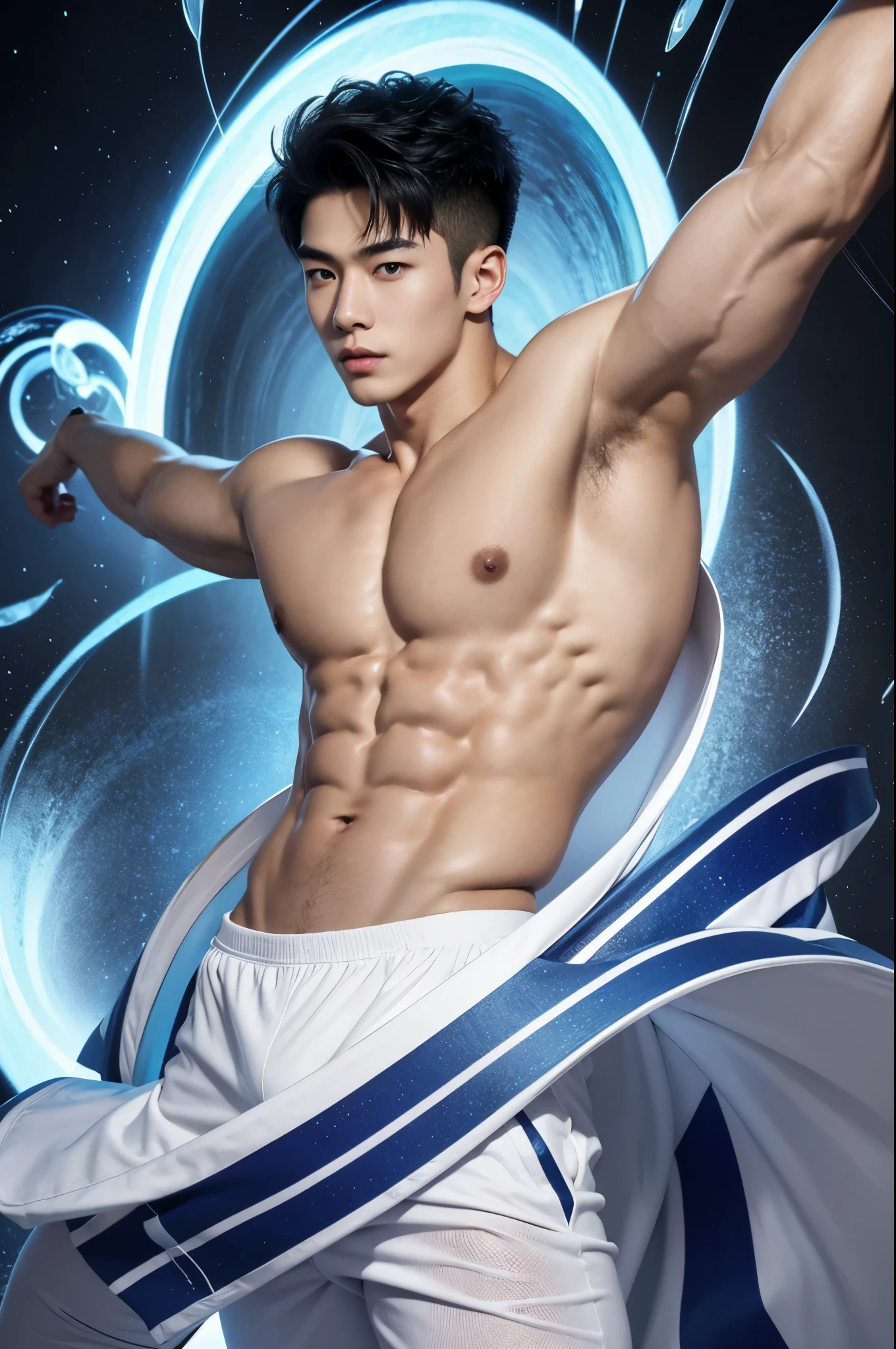 Mind control, Hypnotic spiral, (masterpiece, super high quality, High resolution, 8k, Complex: 1.2), (Detailed face:1.2), good looking, Young Korean Man, White skin, double eyelid, Detailed skin, One boy, ((Realistic)), Abdominal muscles, good quality of lighting, Muscle veins, ((青White skin)), Side view, The Face of Desire, (Hypnotic), (Viewer Pop:1.3), Full Body Shot,
