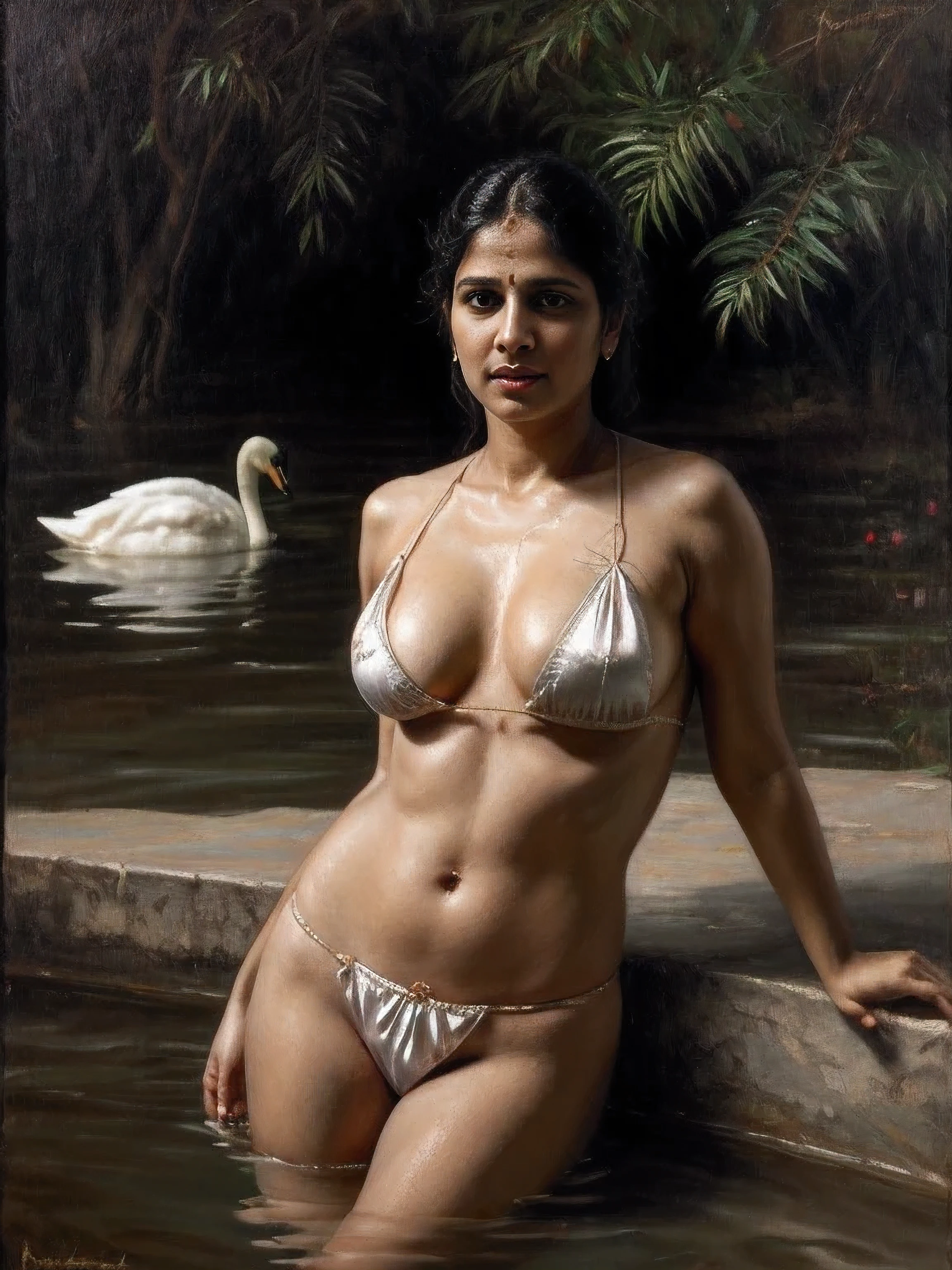 ultra realistic oil painting of 39 years old Priyanka Mohan, wearing Satin loincloth, Priyanka Mohan as Godess of Desire by Raja Ravi Varma, detailed cleavage, bathing bare in a pond with Swans, beautiful lush, plume, white Swan, MiLF body, pomegranate fruit, with ancient Indian landscape in the background, intricate, highly detailed, oil on canvas, portrait painting by greg rutkowski, Dramatic portrait, perfectly drawn fingers, perfectly drawn arm, perfect anatomy, 4k UHD Portrait