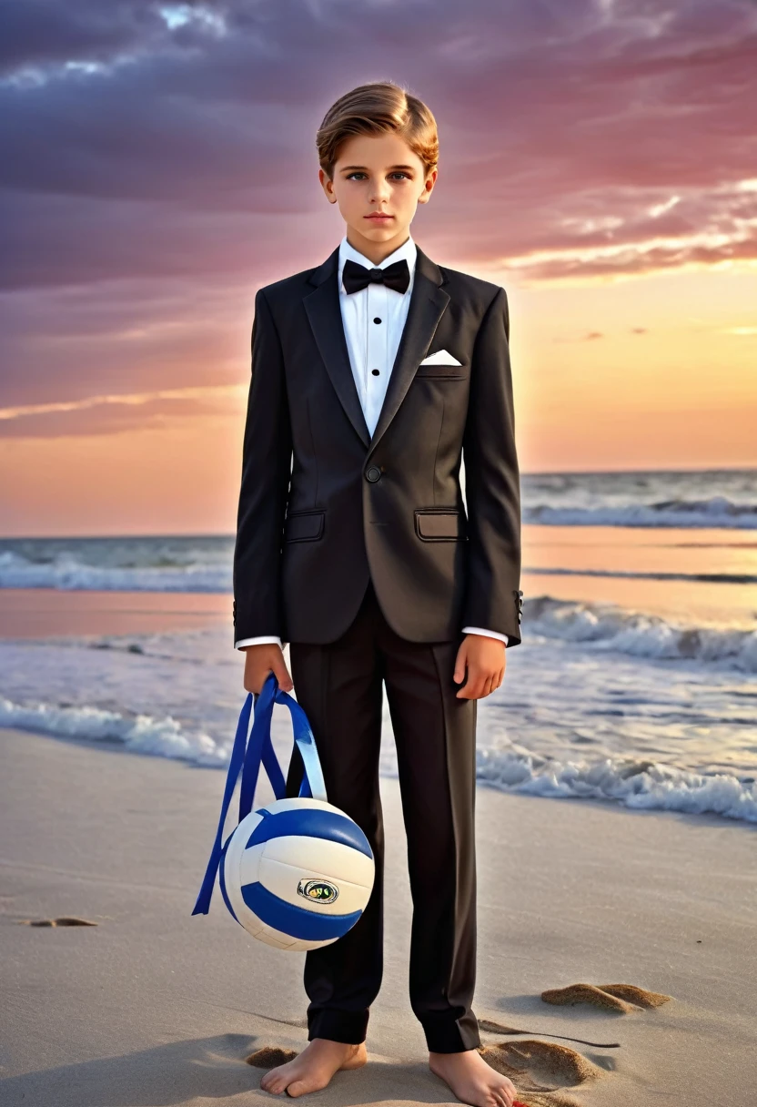 Beautiful and realistic 14 year old boys in tuxedos on the beach, caras ultra detalladas, Red de voleibol en segundo plano., fotorrealista mejor calidad hdr