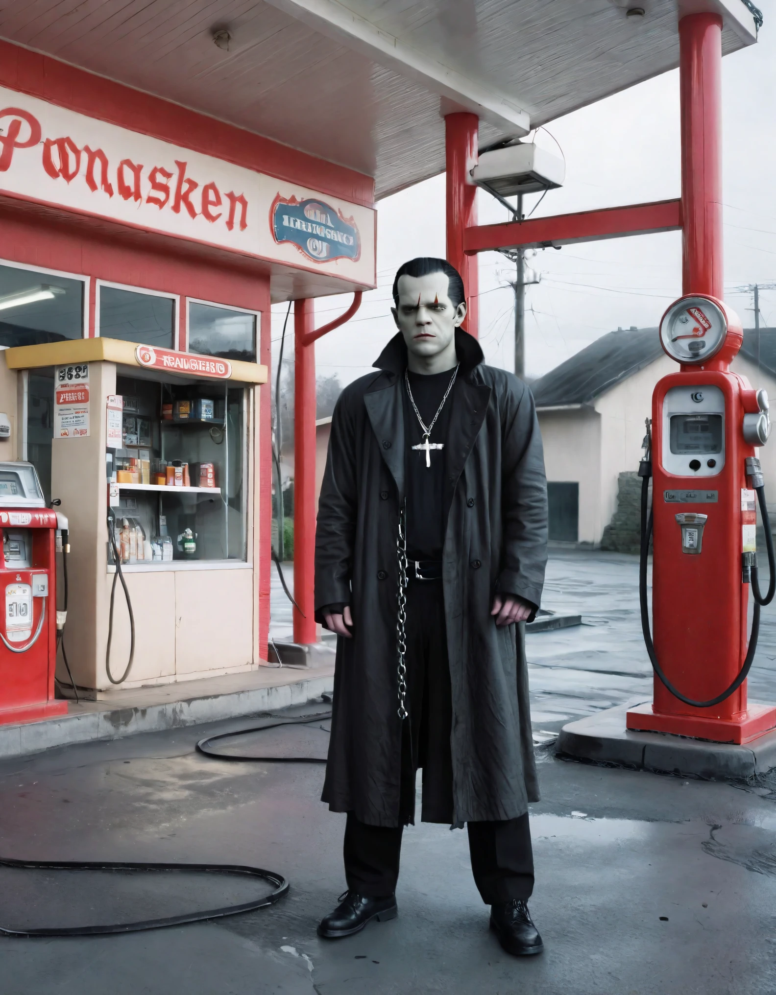 English Prompt: Frankenstein’s monster, characterized by its light skin, is depicted in the eerie setting of a dilapidated gas station, evoking the style seen in “Paranormal.” The textures surrounding the scene are precise and detailed, enhancing the haunting atmosphere. The background is filled with the chilling sound of rattling chains, creating a sense of foreboding. The monster’s intense gaze, further emphasized by a frown, is locked directly onto the viewer, adding a chilling sense of engagement to the scene.