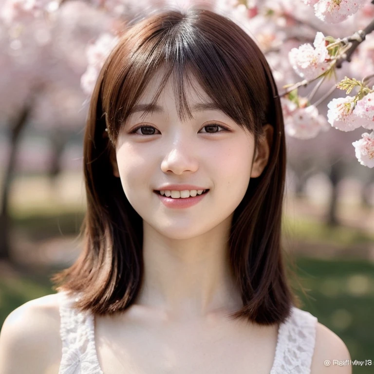 (Realistic:1.3), Perfect teeth alignment，Rembrandt Lighting, (masterpiece:1.2), (photoRealistic:1.2), (最高quality), (Detailed skin:1.3), (Intricate details), Ray Tracing,One girl, In detail, quality, Rembrandt Lighting, (masterpiece:1.2), (best quality), (Detailed skin:1.3), (Intricate details), dramatic, Ray Tracing, 顔front, Shortcuts， Scattered beneath the surface, front, bangs, Hair between the eyes, One girl, Cute Japanese Girl, 21 years old, Detailed skin texture, (blush:0.5), (It gives me goosebumps:0.5), Standing in a cherry blossom garden , autumn , Cinematic Light , Rim Light , [In the background: 1], Pop Idol,