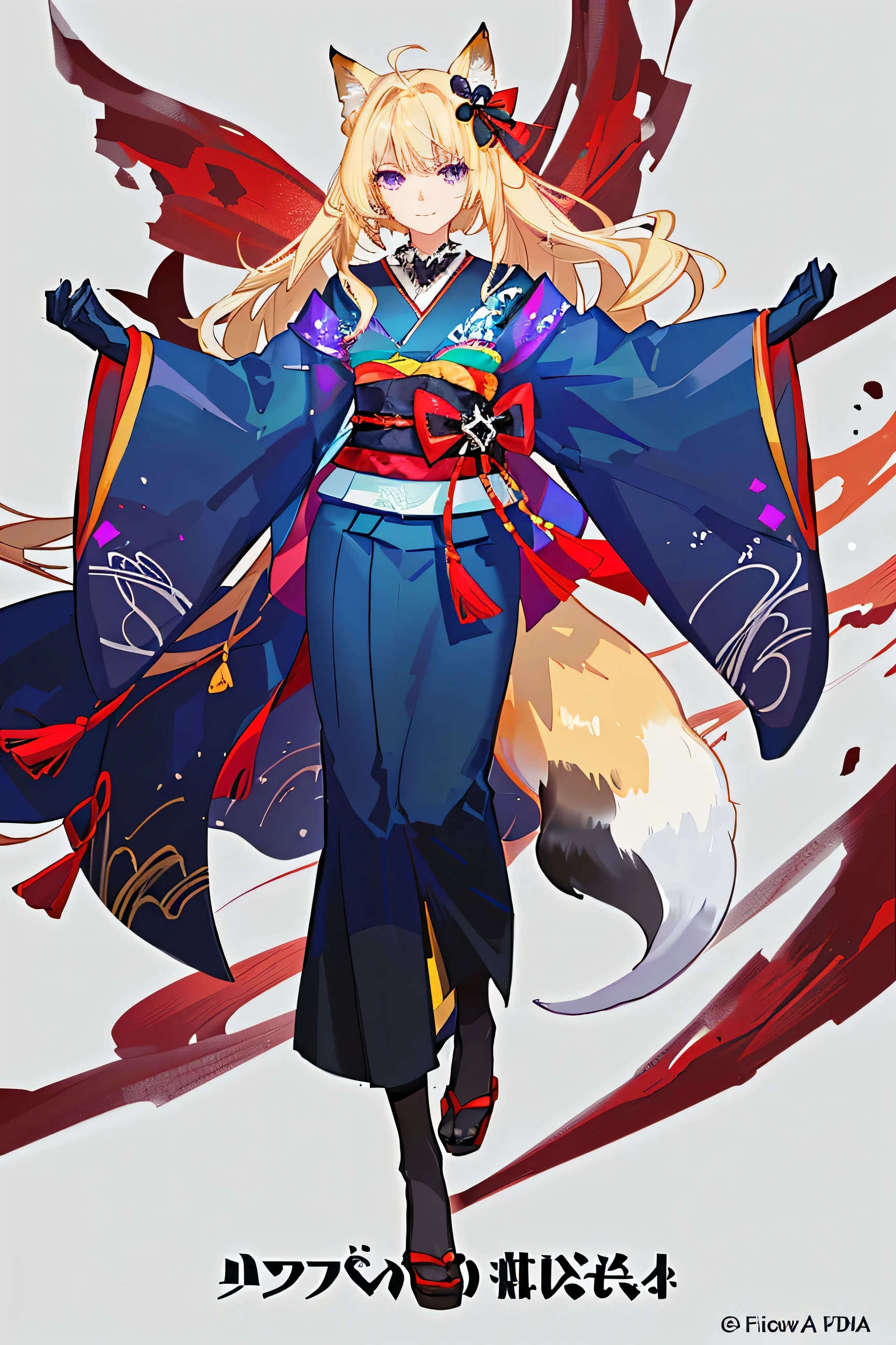 ((genshin impact character banner anime)), 1girl, solo, purple eyes, blonde hair, looking at viewer, long hair,  upper body, hair ornament, black gloves, white with red patterned kimono, shirt, fox ornament, bangs, blonde hair, closed mouth,  star \(symbol\), collared shirt, fox tail, facing the viewer angle (((Full body)))