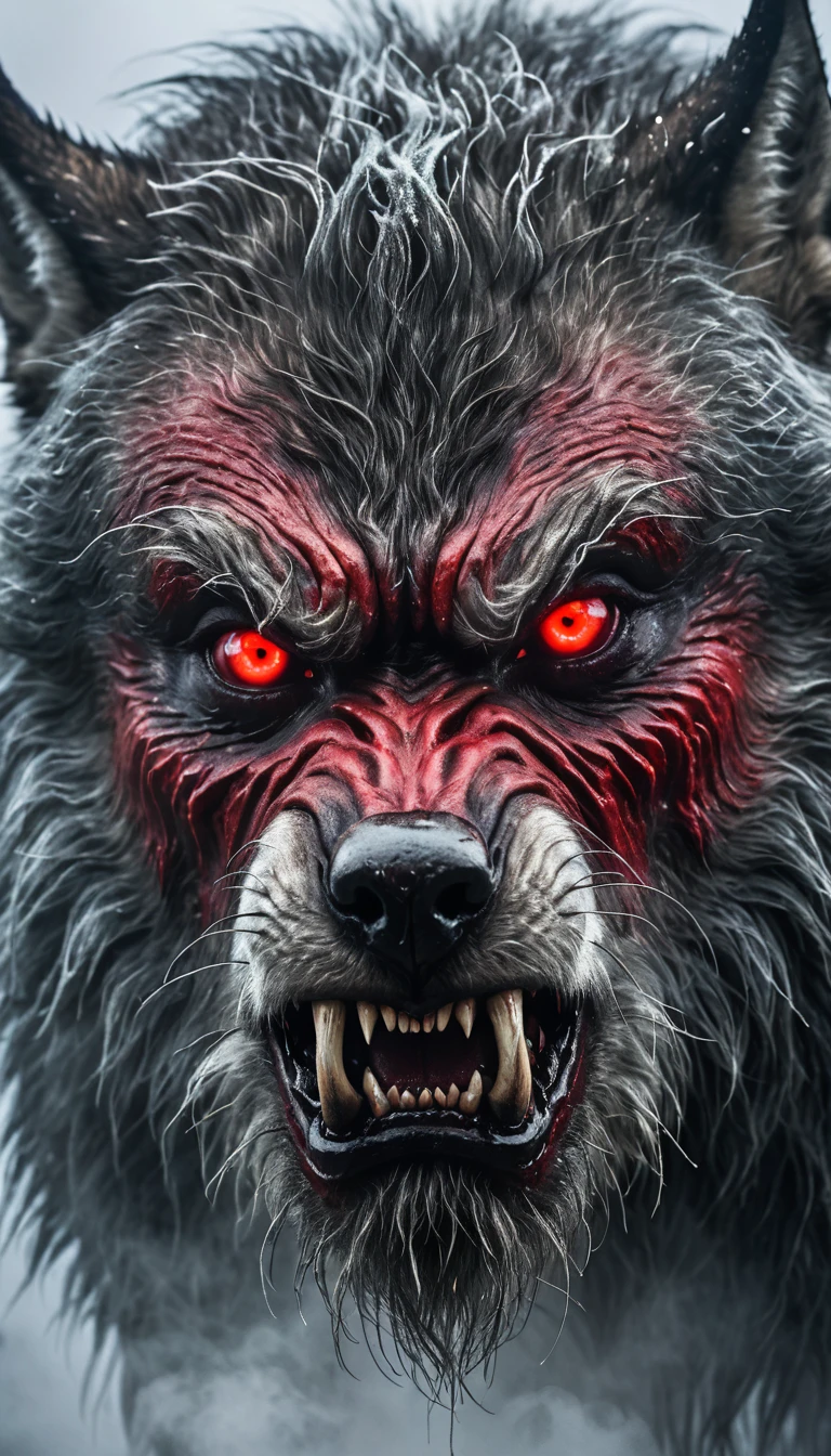 Focus on a close-up of the Wolfman's face in the mist, emphasizing his eerie and frightening features. His eyes are glowing red, his face is a mix of human and wolf with sharp teeth and large horns, and his expression is menacing, aiming to instill fear.