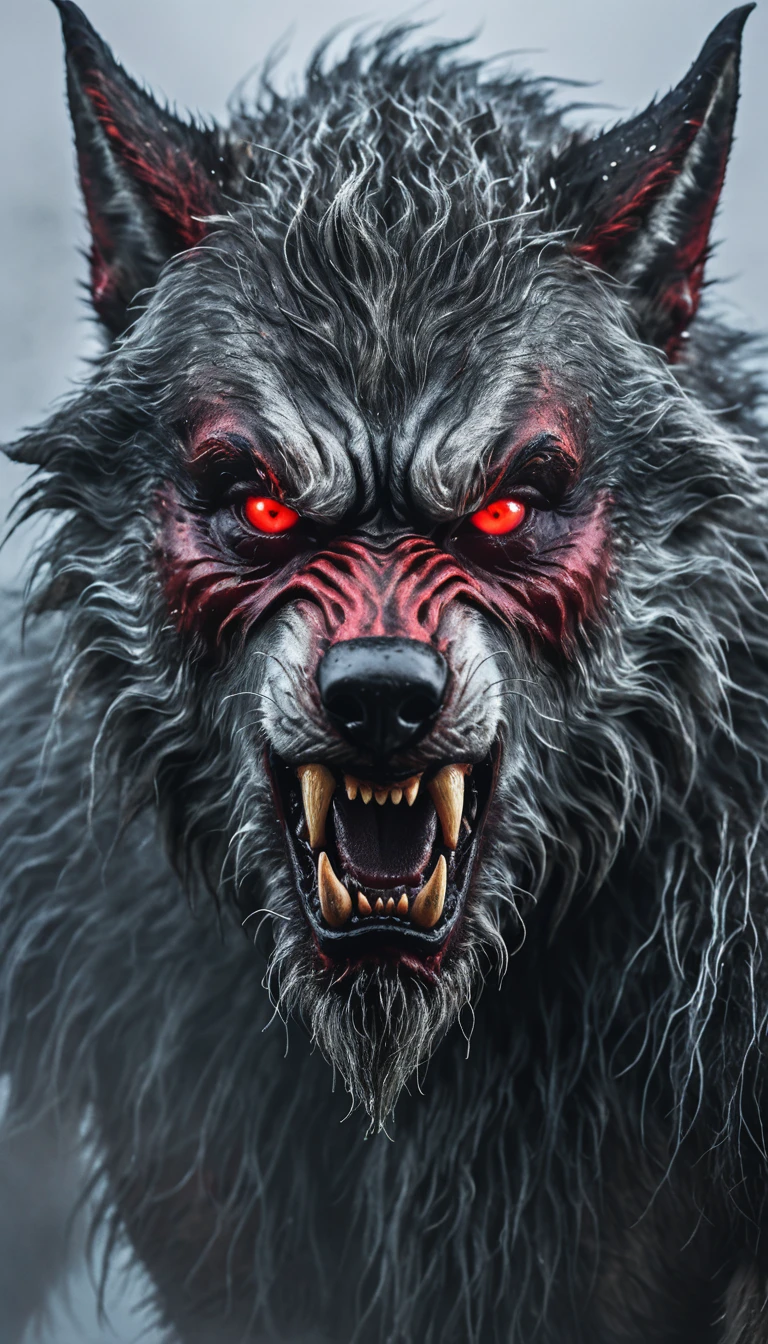 Focus on a close-up of the Wolfman's face in the mist, emphasizing his eerie and frightening features. His eyes are glowing red, his face is a mix of human and wolf with sharp teeth and large horns, and his expression is menacing, aiming to instill fear.