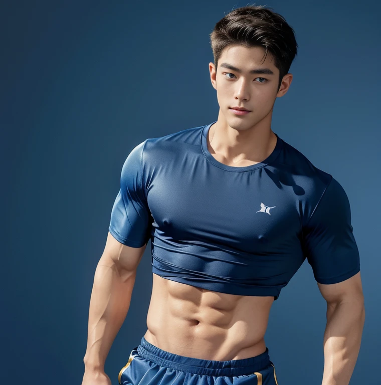 1 handsome Japanese guy, manly，tall, 20 years old，strong sport body, detailed muscles, Who is Shi Yu?, Li Yuanbin, Kim Hyung Tae, Kim Hyung Tae,,Kim Hyung Tae, Yin Shishan,  man wearing a open blue shirt and shorts, naked chest, big chest abs, navy blue, navy blue, Sports T-shirt, blue, super tight sportswear, loincloth, Gorgeous dark blue clothes,, short sleeves, Gold brocade dark blue clothes, Tennis wear, Wearing skiny sportswear, big bulge, nice bulge shape,big juicy butts,  Dark blue decorative clothing，male，male，Highest resolution，Muscles look good，hairy body，Wheat complexion，blue eyes（thin eyes 1：3），whole body image, liblary background, full of books detailed background, beautyfull clear light, look at the viewer , catching eyes, smirt smile, 