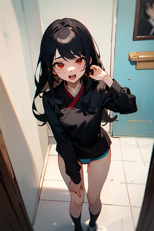 ((mejor calidad)), ((Obra maestra)), (detallado), cara perfecta, Joven de cabello negro largo y lacio, ojos rojos, pale skin, asian factions, 19 years, esbelta, busto mediano, bonitas curvas, estilo anime, elegante, only character in the image, red eyes, waiting for you, cute face, sexy, underwear, sutil pussy, bathroom, in love with viewer , black hair, wet, orgasm face,
