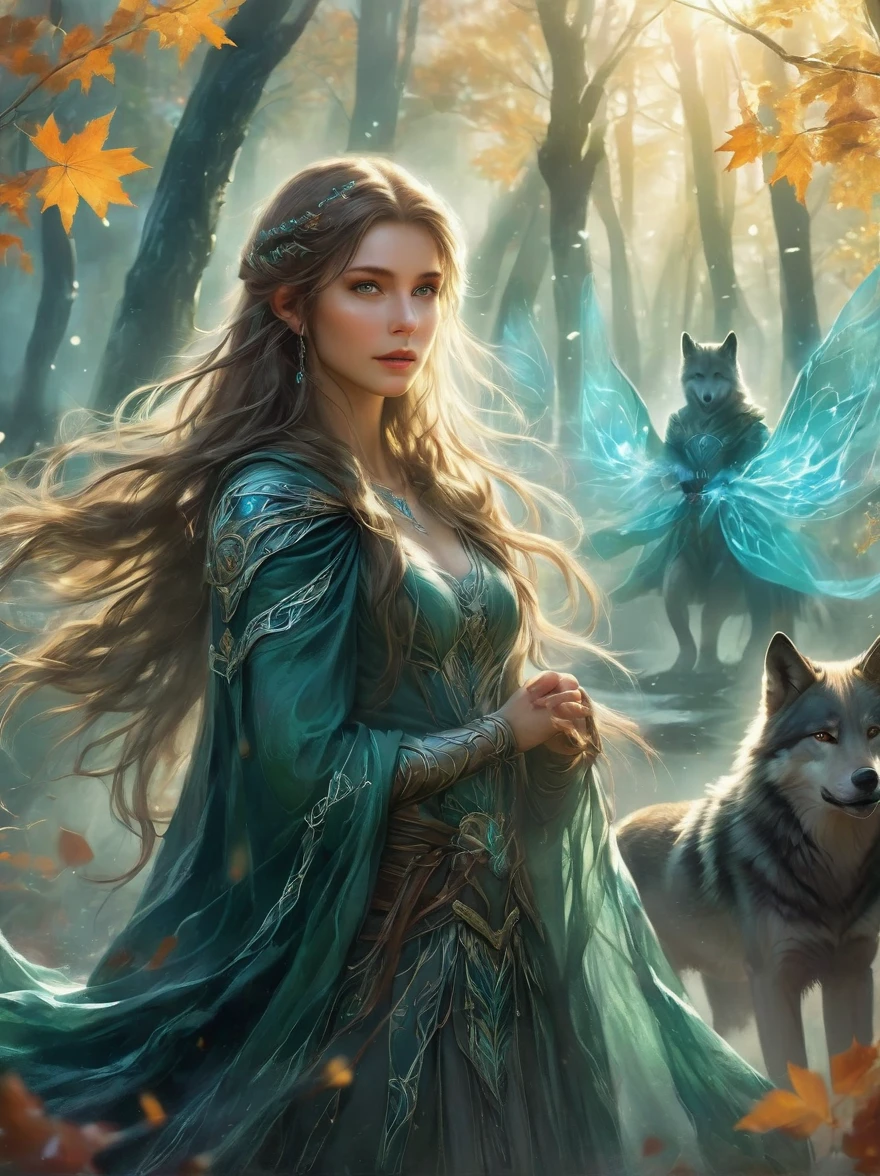 An elven ranger draws a glowing teal bow, braided autumn hair and cloak blowing dramatically. Intricate leaf-shaped armor glints in the mystical forest mist behind her. A wolf stands stalwartly by her side, ready for adventure. Dynamic fantasy landscape, radiant lighting.