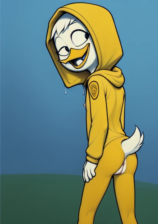 (by Drockdraw:1.2) (by chelodoy:1) (by ashraeli:1) Webby Vanderquack, White skin, White hair, orange legs:1.2, beak, DuckTales, tail shield, short hair, (Yellow Rain Jacket, baggy clothes:1.3) (hood:1.3) (wet:1.3) to walk, Laughing, Mouth open, language, dressed, webbed feet, eyes are open, three-quarter portrait:1.3, Eyeliner, smile, white body, young, nipples, standing, back view, naked torso, pussy, ass, smiling, bending over, wet body