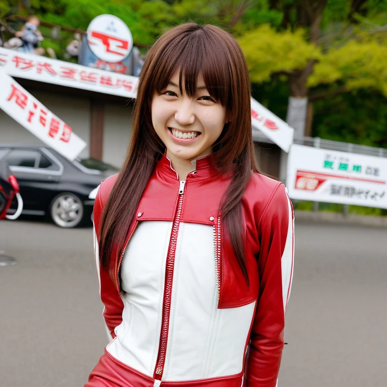 A young Japanese woman with long hair、He was wearing a red leather riding suit zipped up to his chest.。Smiling and cheerful, Fujiko Style and Pose。A replica Japanese road racer bike can be seen in the background.。This scene is in photorealistic style.、Expressing color detail and vibrancy。Full body image