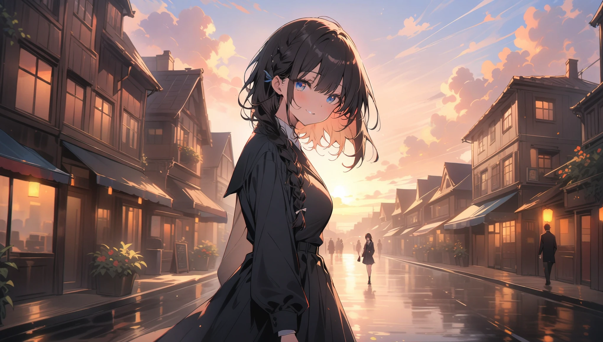 (masterpiece, 最high quality:1.2), Everyday Scenes, Movie Scenes, only one girl、One girl(high quality, Breathtaking),(Delicate eyes, 最high qualityな顔), sunset、Cowboy Shot,Close your eyes and smile、Black hair × Blue eyes、fish-bone braid hair、Black long sleeve blazer,Black pleated skirt、Knee-high socks、loafers