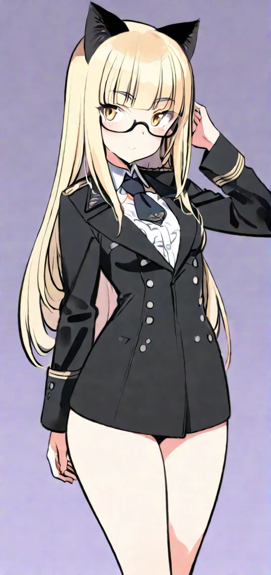 (8K, Best Quality, Ultra Detailliert, Highres, Absurdres, Perfect Anatomy:1.5, Masterpiece:1.5), (((Solo, 1 Cute Girl))), (((perrine h. clostermann, perrine clostermann))), (((Yellow Eyes))), (((Black Glasses))), (((Long Long Hair:1.2, Bangs, Blust Bangs, Blonde Hair))), (((Black Cat Ears, Black Cat Tail))), (Slender Body, Dwarf:0.7), (((Flat Chest or Small Breasts:1.0 or Small Breasts:1.5))), ((Big Hips:1.1)), (Smile:0.8), (((Bikini))), (Full Body), ((Sexy Pose, Bewitching Pose)), ((Simple BackGround, White BackGround, Warm Colour BackGround)), (On All Fours:1.3),