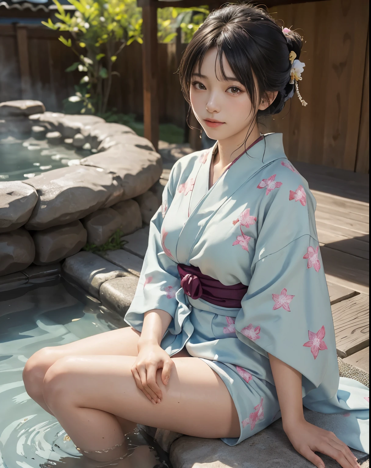 masterpiece, highest quality, Realistic, 1 girl, Open-air hot spring, Yukata figure, I&#39;My yukata got wet and became transparent.., Wear a yukata and enter the hot springs, Back view, Yukata soaked wet, woman wearing yukata, Beautiful long hair, Big Ass, , Realistic美しいlegs, private&#39;Iの胸は大きいです, Sit with your legs wide apart, barefoot, Protruding nipples, Iの全身は泡で覆われていました., A well-trained body, Abdominal muscles, Professional Lighting, Glowing Skin, Full body photo including legs