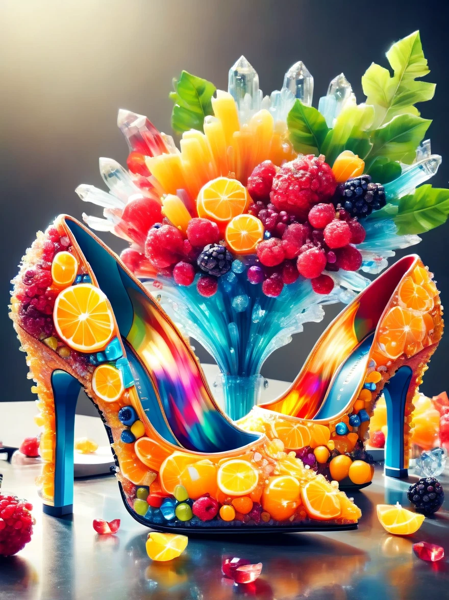 Creative and fashionable high heels，Inspired by fruit，Material: colored acrylic，realism，Super sharp photography，HD Wallpapers，Low Depth of Field Photography，Background bokeh effect