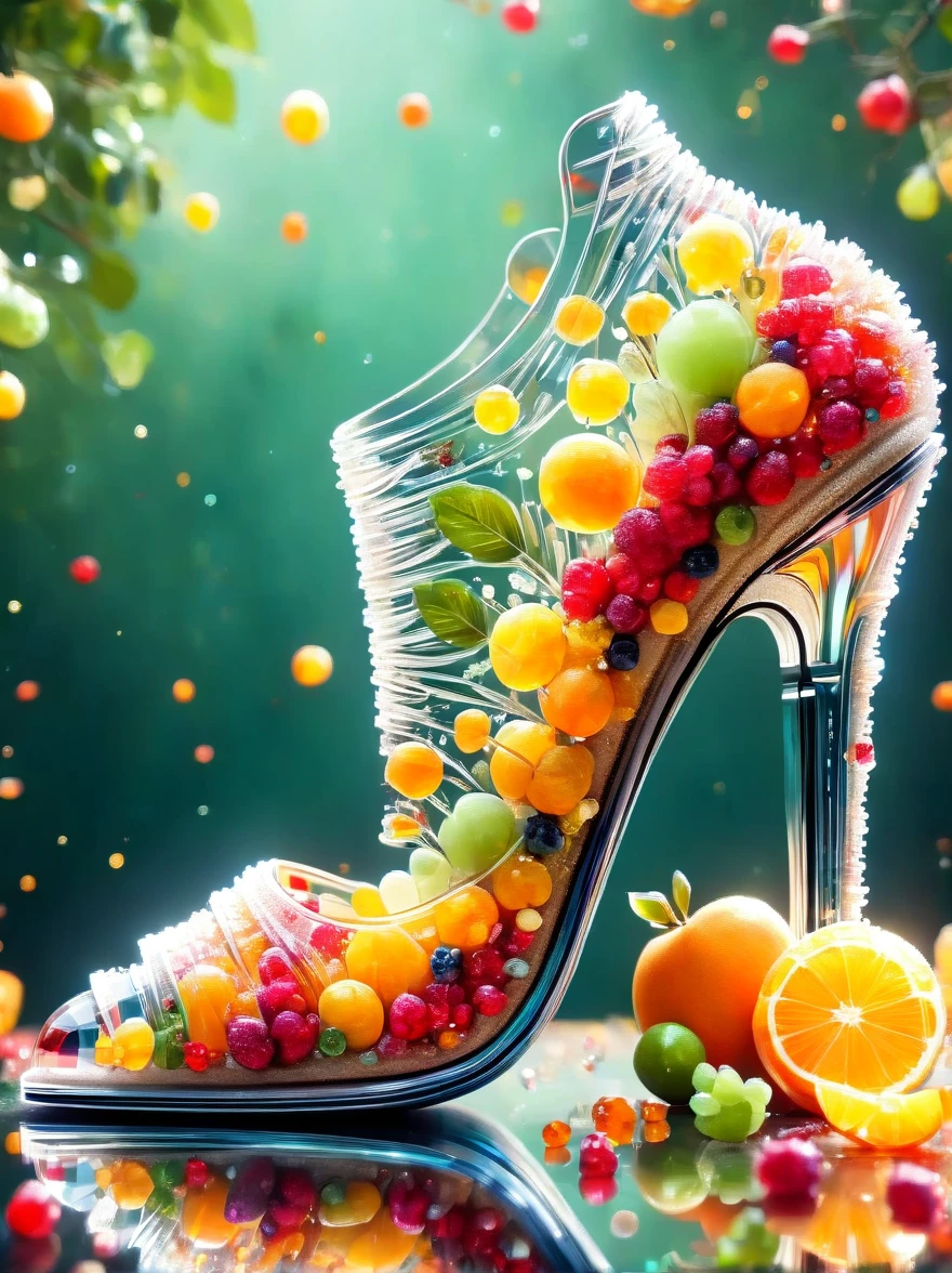 Creative and fashionable high heels，Inspired by fruit，Material: colored acrylic，realism，Super sharp photography，HD Wallpapers，Low Depth of Field Photography，Background bokeh effect