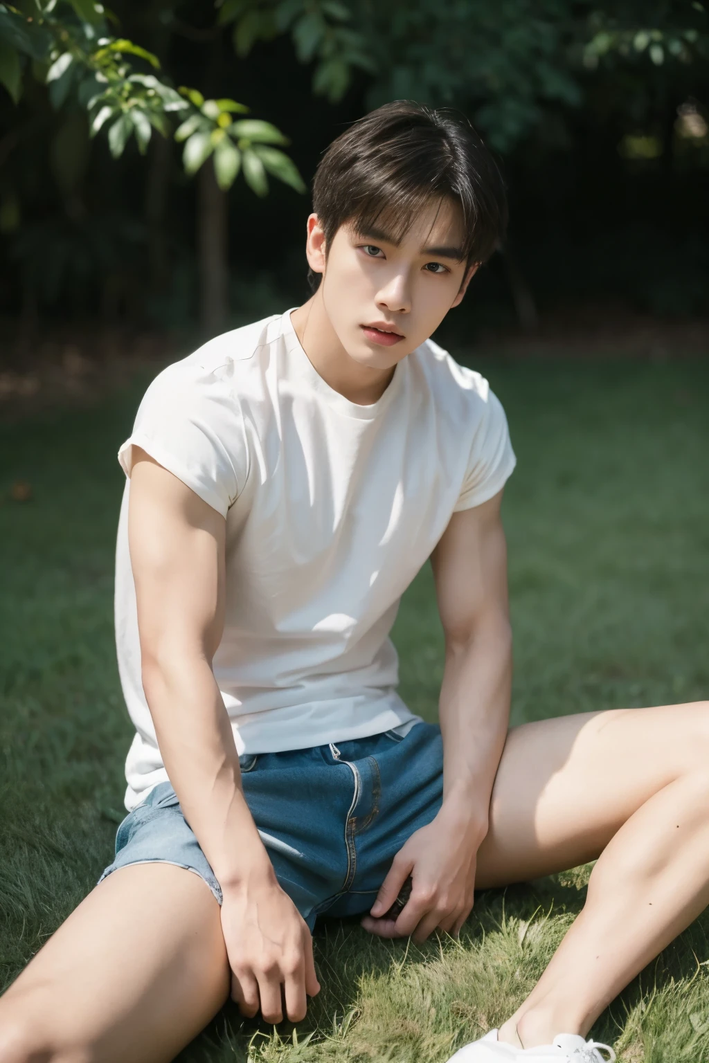 Asian muscular boy sitting on grass , wearing only white shirt, black micro thong, showing his naked thighs, muscular young male,, mid shot portrait, high quality portrait, Attractive pose, yanjun cheng, Inspired by Bian Shoumin, gorgeous young model, Casual pose, portrait a 25 - year - old boy, casual photography, Realistic. Cheng Yi, cute young man