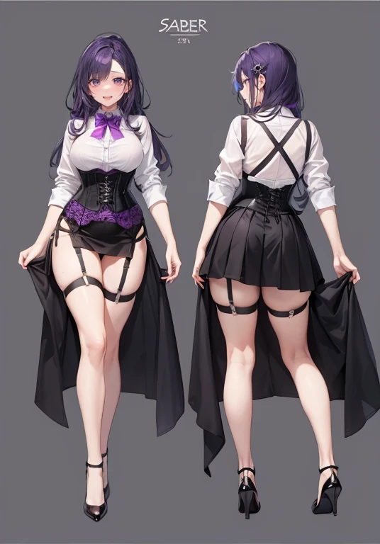 Purple hair,Long hair,Adult female,Bartender,((Body harness)),((Rolling up your sleeves shirt)),(Corset),(Tight skirt),Garter belt,High heels,((Simple background)),Smile,((Full body)),((whole body)),Character Sheet,