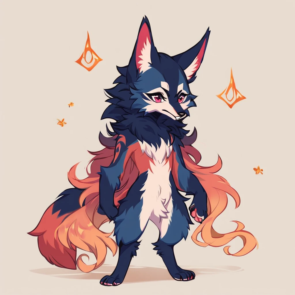 score_9, score_8_up, score_7_up, score_6_up, score_5_up, score_4_up, show accurate, (((full body))), hungry body, simple background, (solo), (semi anthro wolf), female, teenage wolf, body cub, ((standing)), dark pink eyes, ((dark blue fur)), (ultrafine fur), (neck covered by white color mane), (little white oni horns with pink), (white chest), (short and straight hair), (black hair), white snout, wolf tail, white hands,