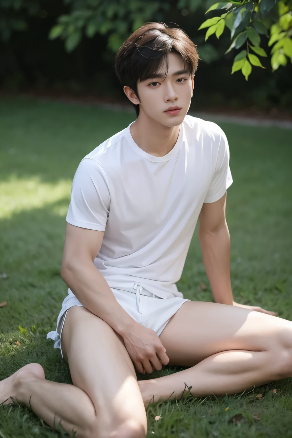 Asian muscular boy sitting on grass , wearing only white shirt, black micro thong, showing his naked thighs, muscular young male,, mid shot portrait, high quality portrait, Attractive pose, yanjun cheng, Inspired by Bian Shoumin, gorgeous young model, Casual pose, portrait a  25 - year - old boy, casual photography, Realistic. Cheng Yi, cute young man