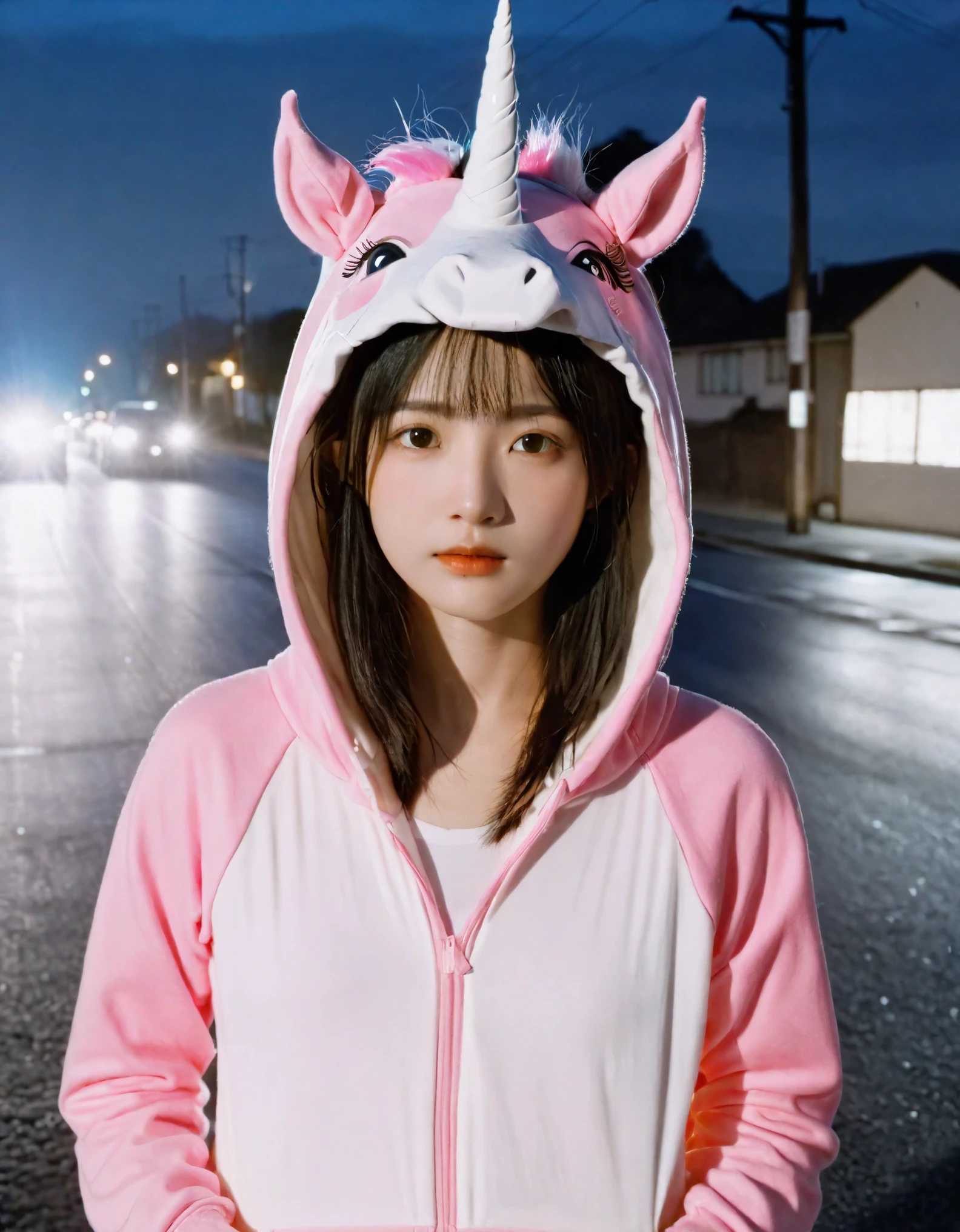 The scene is set under the cover of night, imbued with an eerie ambiance and the aesthetic of analog photography, complete with a film grain texture. A solitary figure, clad in a unicorn onesie - white with accents of pink, dominates the frame. The costume, which includes a headpiece obscuring the person’s face, suggests a youthful adult physique, with the gender left ambiguous. The figure is illuminated by the stark flash of a camera, casting a soft glow and creating a surreal contrast against the dark, shadowy background that hints at a rural or deserted road. Speckled lens flares, possibly from rain or dust particles, add to the enigmatic atmosphere. The slight overexposure from the camera flash against the reflective material of the costume enhances the surreal and enigmatic feel, evoking influences from the horror or fantasy genre.