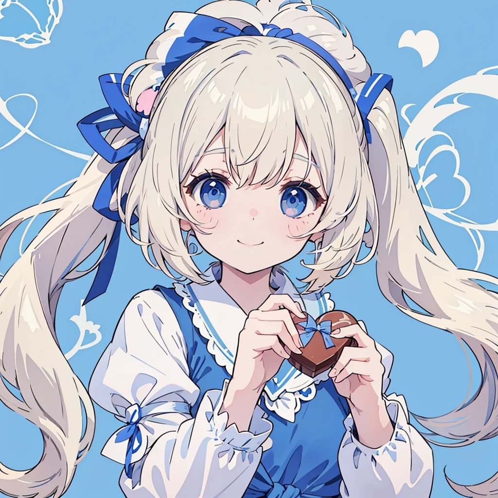 girl、Short bangs above eyebrows、((pale blonde hair))、(((Side ponytail tied around the temporal lobe:1.2)))、((The end of the ponytail is fluffy))、((BREAK))、((blue eyes:1.2))、(beautiful eyes)、((big blue ribbon in hair knot:1.35))、(Voluminous long-sleeved dress with lace)、(A shy yet triumphant look)、((BREAK))、(((Valentine)))、(holding a wrapped chocolate in his hand)、chocolate present、((BREAK))、((Heart line pattern background:1.2))、close up of face、smile、

