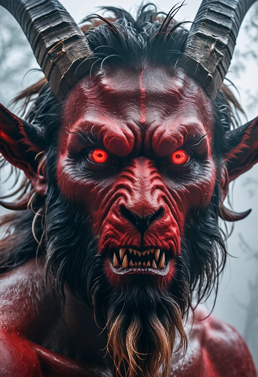 Focus on a close-up of the Goatman's face in the mist, emphasizing his eerie and frightening features. His eyes are glowing red, his face is a mix of human and goat with sharp teeth and large horns, and his expression is menacing, aiming to instill fear.