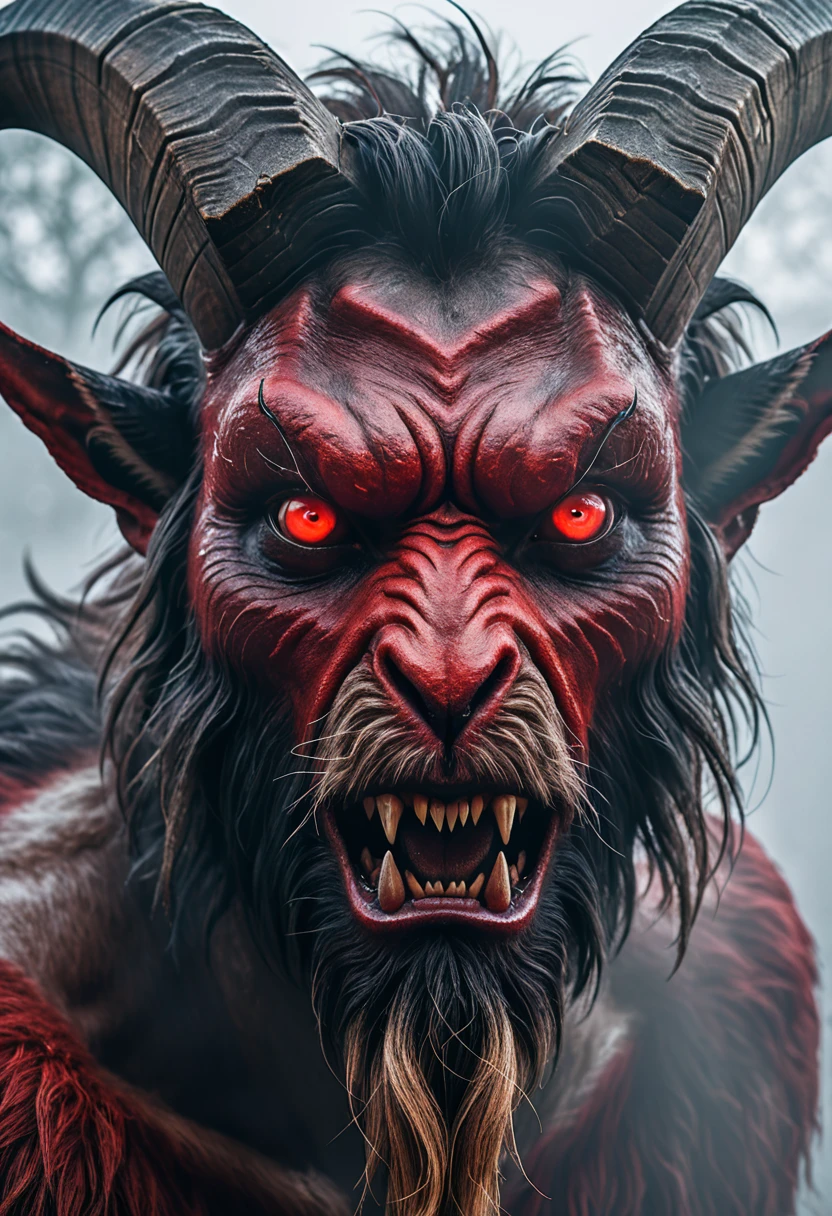 Focus on a close-up of the Goatman's face in the mist, emphasizing his eerie and frightening features. His eyes are glowing red, his face is a mix of human and goat with sharp teeth and large horns, and his expression is menacing, aiming to instill fear.