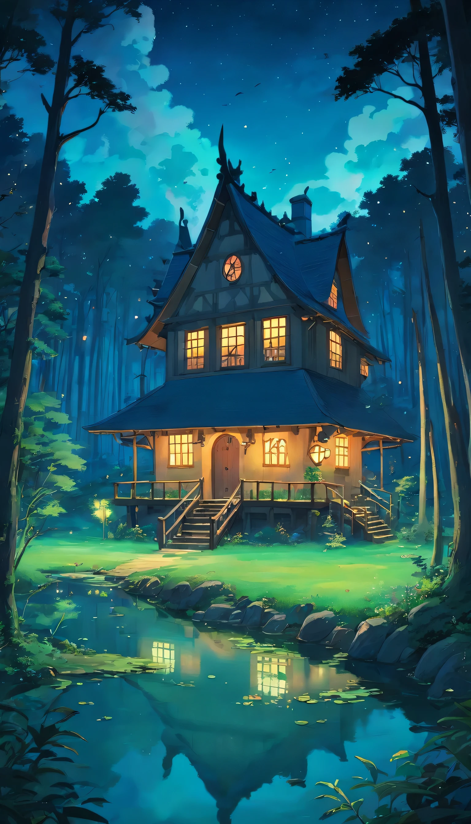 Witch house in the forest from distant view, forest scenery, nature, animes, no humans, night, fireflies, rivers, sky, pond, scary