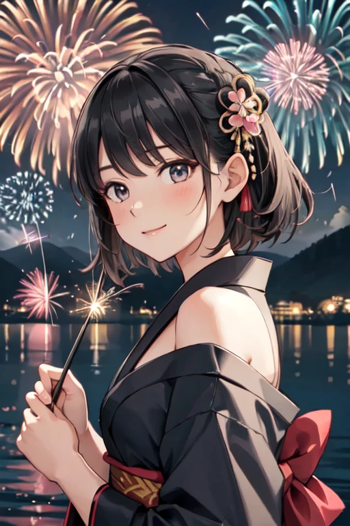 masterpiece, best quality, ultra detailed, highres, extremely detailed CG unity 8k wallpaper, perfect lighting, very detailed background, beautiful and aesthetic,sharp focus, perfect face, dynamic pose, dynamic angle,
1girl, upper body, (portrait:1.1), medium hair, black hair, multicolored yukata, kanzashi, looking at viewer, full-face blush, from side, from below, smile,
night, dark sky, misty lake, mountainous horizon, break,aerial fireworks, (Full of sky fireworks:1.1),
Shoulder Bare