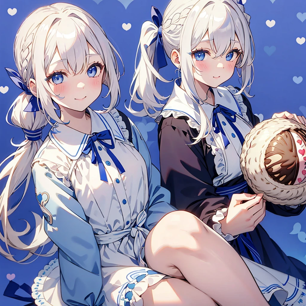 girl、Short bangs above eyebrows、((pale blonde hair))、(((Side ponytail tied around the temporal lobe:1.2)))、((The end of the ponytail is fluffy))、((BREAK))、((blue eyes:1.2))、(beautiful eyes)、((big blue ribbon in hair knot:1.35))、(Voluminous long-sleeved dress with lace)、(A shy yet triumphant look)、((BREAK))、(((Valentine)))、(holding a wrapped chocolate in his hand)、chocolate present、((BREAK))、((Heart line pattern background:1.2))、close up of face、smile、