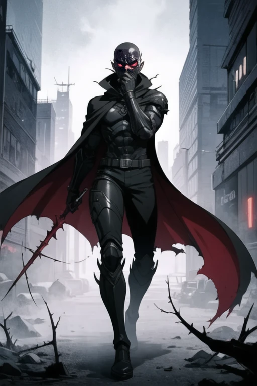 ((best quality)), ((masterpiece)), (detailed), perfect face, male, cyberpunk, cyber, punk, scare face, red eye, villain, black suit with thorns, futuristic armor, long cape, burnt face, weapons, evil man, cyborg, black boots, Evil mask, red eye, metal mask, horror, creepy, mutant, evil man, cyborg, black boots, half face mask, red eye, half bald,