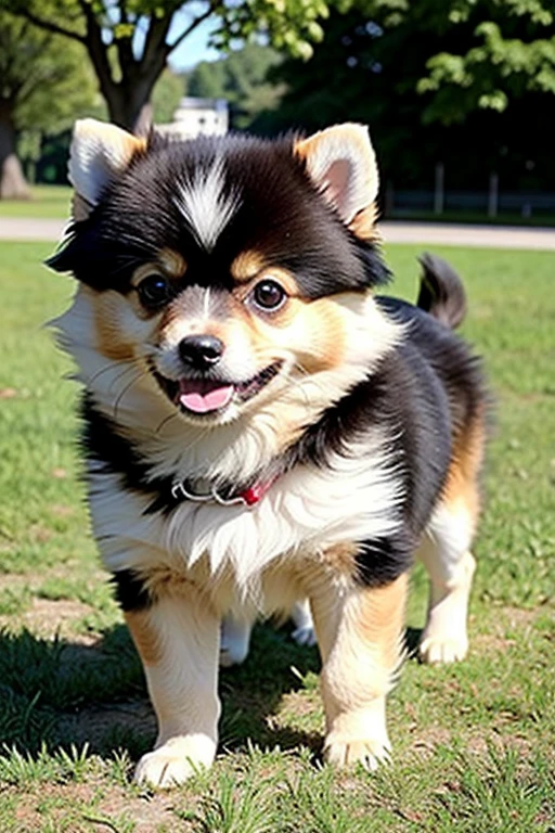 three,Pomeranian,  puppy, 3 animals, lawn park, running around,cute