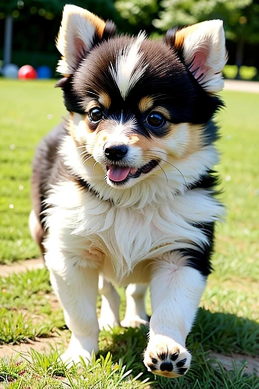 three,Pomeranian, baby puppy, 3 animals, lawn park, running around,cute