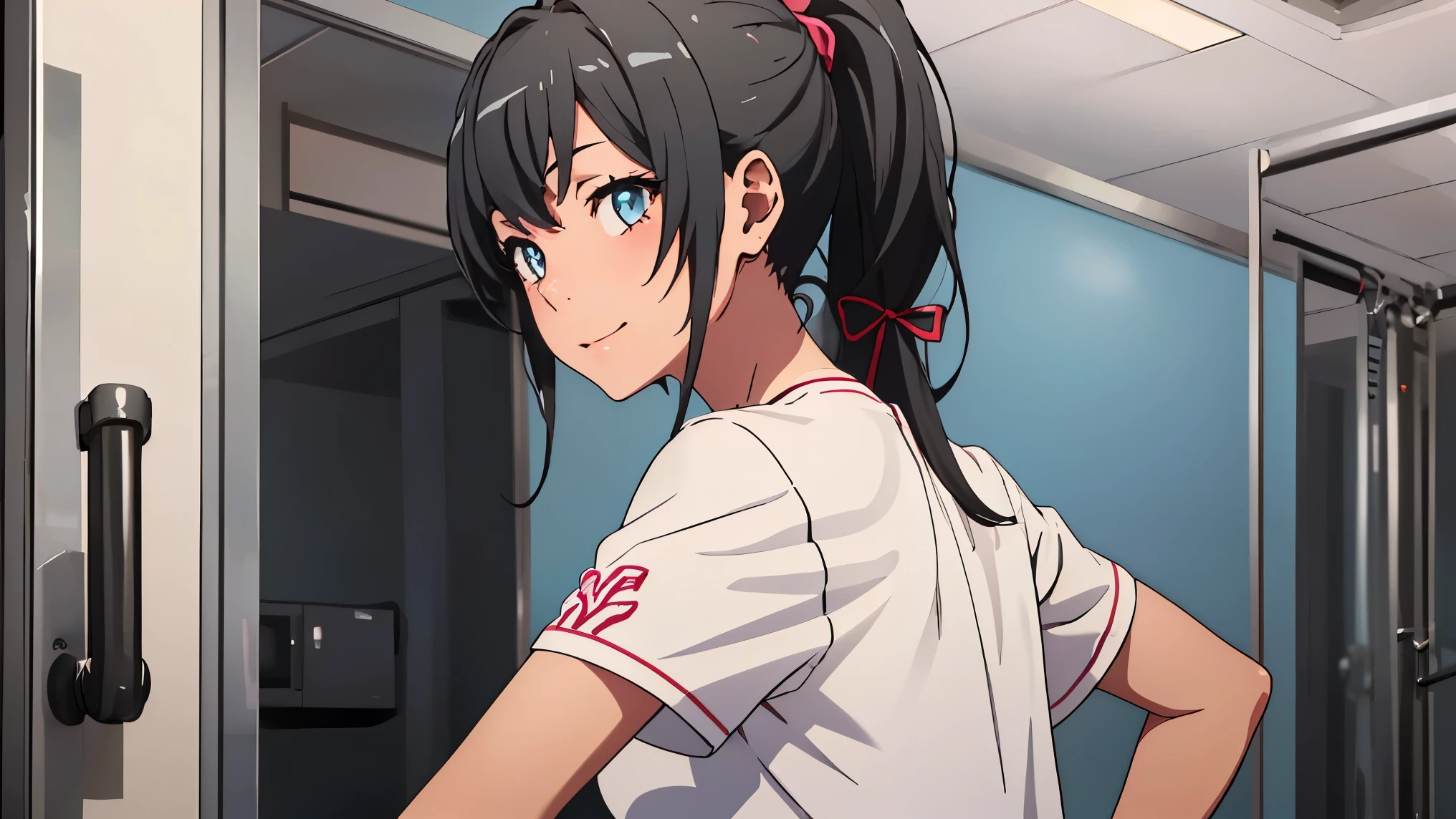 hair_ponytail ribbon,Black hair, eyes blue, long hair, smile , Yukinoshita Yukino,
BREAK (white shirt on her shoulders:1.2)
BREAK taking to lavatory, looking away, standing, embarrassed, blush, leaning forward, arms behind back, (girl is peeing self:0.4), BREAK background will depict a Fitness training room
BREAK (masterpiece:1.2), best quality, high resolution, unity 8k wallpaper, (illustration:0.8), (beautiful detailed eyes:1.6), extremely detailed face, perfect lighting, extremely detailed CG, (perfect hands, perfect anatomy),