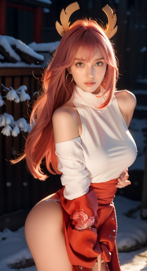 (Masterpiece, Excellent, 1girl, solo, complex details, color difference), realism, ((medium breath)), off-the-shoulders, big breasts, sexy, Yae Miko, long pink hair, red headdress, red highlight, hair above one eye, green eyes, earrings, sharp eyes, perfectly symmetrical figure, choker, neon shirt, open jacket, turtleneck sweater, graffiti, dim lighting, alley, ((mean, seductive, charming)), ((winter background))), ((japan background)))), (((luminous background))), (dynamic pose), (bend at the waist, bend down and look at viewer:1.1), tulle, bare shoulders, blooming flower fields, radiant skin, faint smile, sexy, bust, no breast cover, naked, cocked ass, tummy look