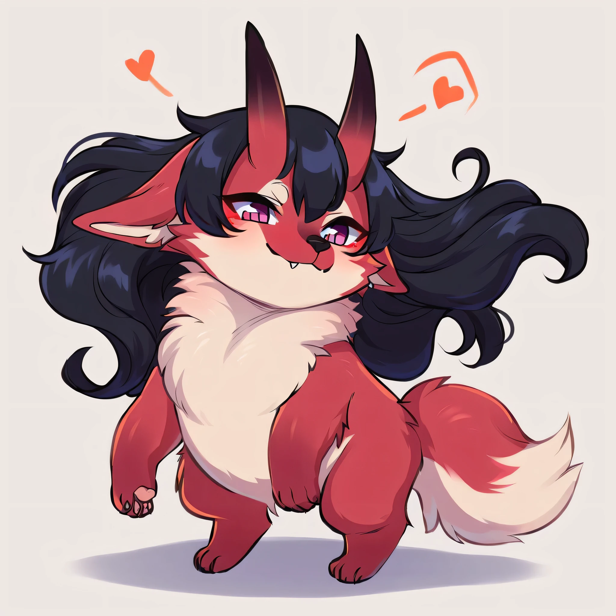 score_9, score_8_up, score_7_up, score_6_up, score_5_up, score_4_up, show accurate, (((full body))), hungry body, simple background, (solo), (semi anthro wolf), female body, ((standing)), dark pink eyes, ((dark blue fur)), (ultrafine fur), (neck covered by black color mane), (little white oni horns with pink), (white chest), (long straight hair), (black hair), white snout, final part of hot pink hair, wolf tail,