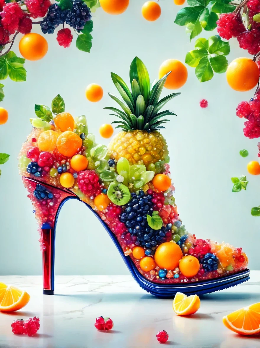 Creative and fashionable high heels，Inspired by fruit，Material: colored acrylic，realism，Super sharp photography，HD Wallpapers，Low Depth of Field Photography，Background bokeh effect