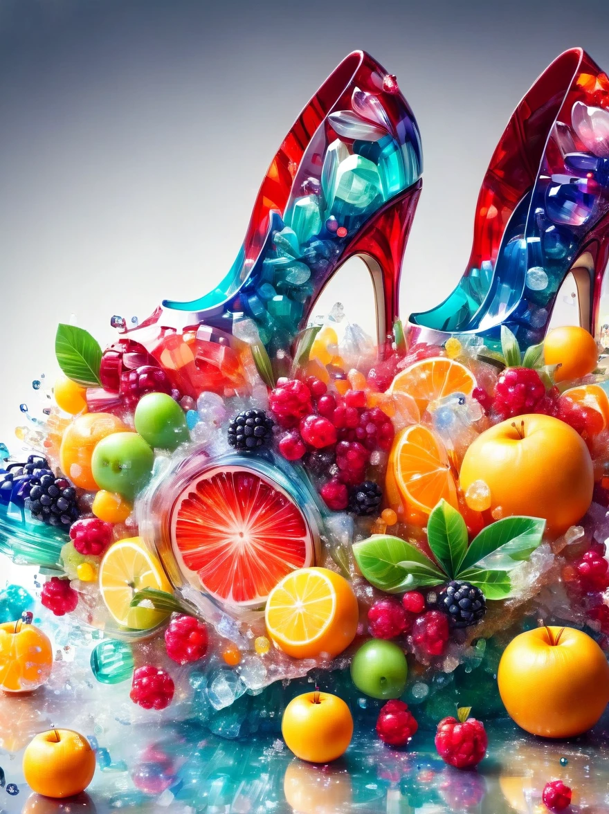 Creative and fashionable high heels，Inspired by fruit，Material: colored acrylic，realism，Super sharp photography，HD Wallpapers，Low Depth of Field Photography，Background bokeh effect