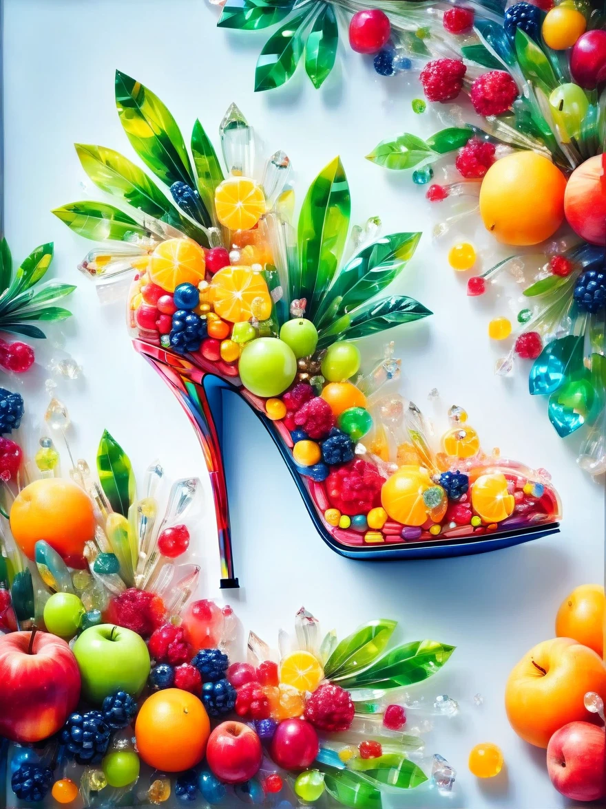 Creative and fashionable high heels，Inspired by fruit，Material: colored acrylic，realism，Super sharp photography，HD Wallpapers，Low Depth of Field Photography，Background bokeh effect