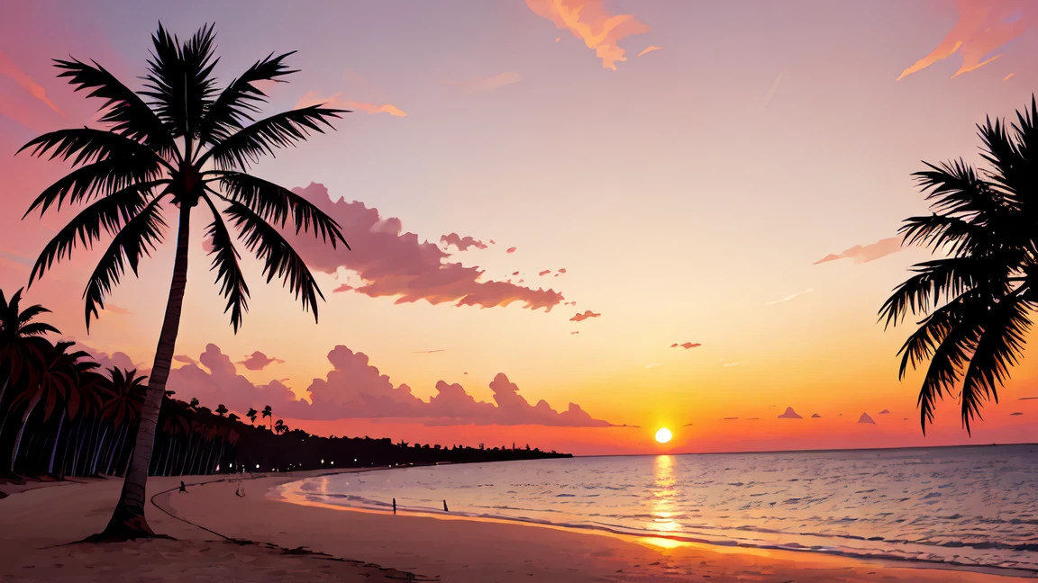 Panoramic style palm trees background on a sunset