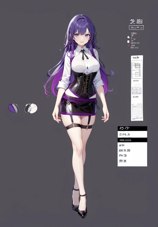 Purple hair,long hair,Adult female,(Bartender),((Body harness)),((Rolling up your sleeves shirt)),(Corset),(Tight skirt),((Garter belt)),(high heels),((Simple background)),Smile,((Full body)),((whole body)),Character Sheet,