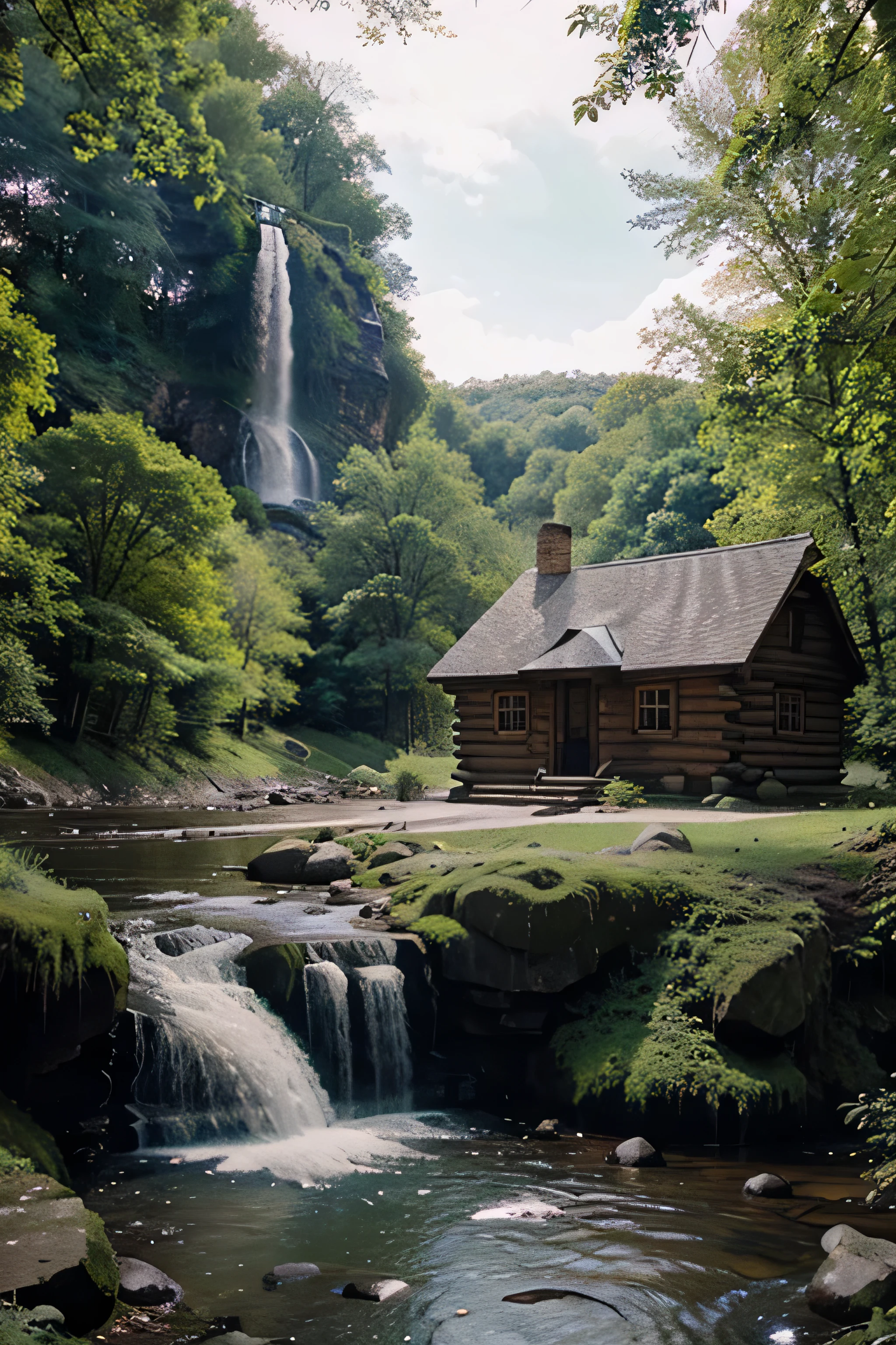 A hunting stone cabin in wood have riverside and waterfall 