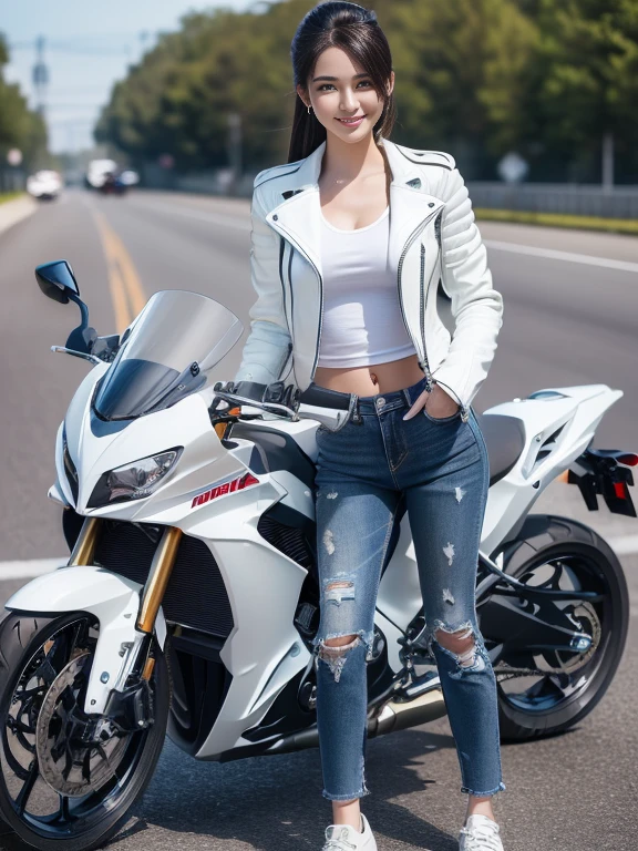 ((highest quality, 8k, masterpiece: 1.3)), sharp: 1.2, Perfect body beauty: 1.4,(((Woman on motorcycle))),Slender body,White long sleeve motorcycle jacket and jeans,Highly detailed face and skin texture,((Full Body Shot)),Natural light,smile,((Wink))