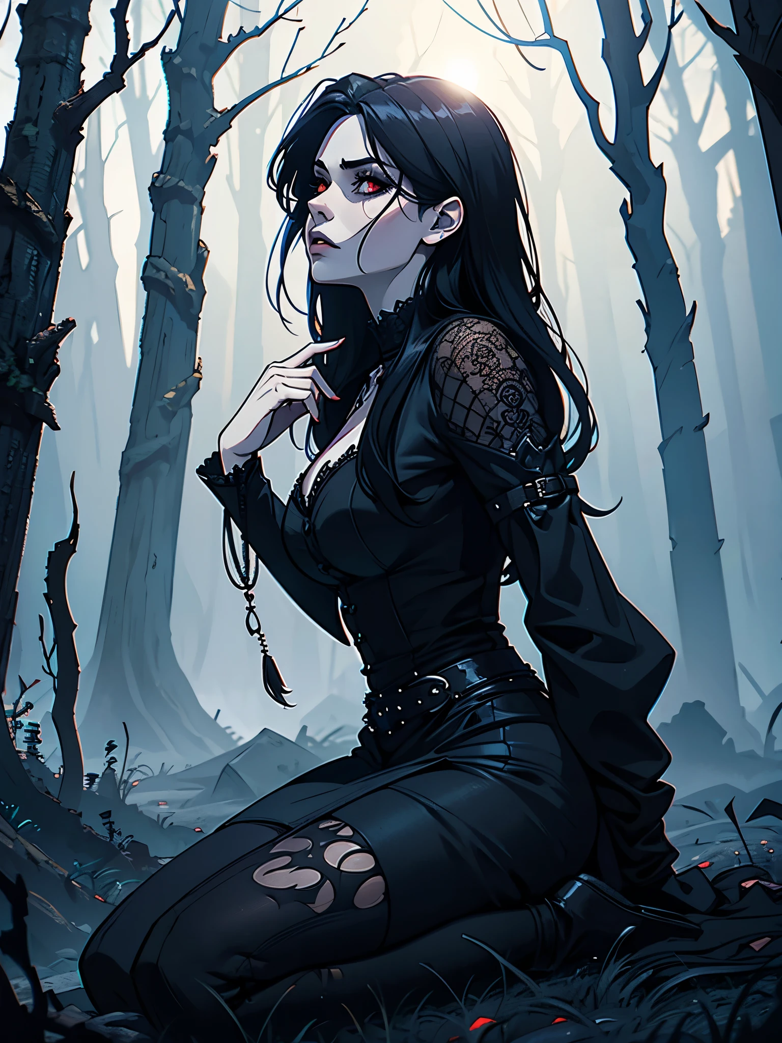 (best quality,4k,8k,highres,masterpiece:1.2),ultra-detailed,(realistic,photorealistic,photo-realistic:1.37),goth korean girl, gothic,1woman,dark forest,red eyes,dark ambient,low saturation,anime style,pale skin,long flowing hair,gothic clothing,silhouette,surreal background,mysterious atmosphere,intense emotions,melancholic expression,lens flare,dramatic shadows,symbolic elements,heavy makeup,pale and dark colors,misty fog,ethereal beauty,subtle texture, dark makeup, back shot , full body
