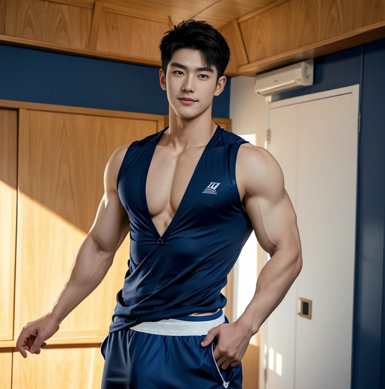 1 handsome Japanese guy, manly，super realistic, tall, 20 years old，strong sport body, detailed muscles, Who is Shi Yu?, Li Yuanbin, Kim Hyung Tae, Kim Hyung Tae,,Kim Hyung Tae, Yin Shishan,  man wearing a open blue shirt and shorts, naked chest, big chest abs, navy blue, navy blue, Sports T-shirt, blue, super tight sportswear, loincloth, Gorgeous dark blue clothes,, short sleeves, Gold brocade dark blue clothes, Tennis wear, Wearing skiny sportswear, big bulge, nice bulge shape,big juicy butts,  Dark blue decorative clothing，male，male，Highest resolution，Muscles look good，hairy body，Wheat complexion，blue eyes（thin eyes 1：3），whole body image, class room background, full  detailed background, beautyfull clear light, look at the viewer , catching eyes, smirt smile, 